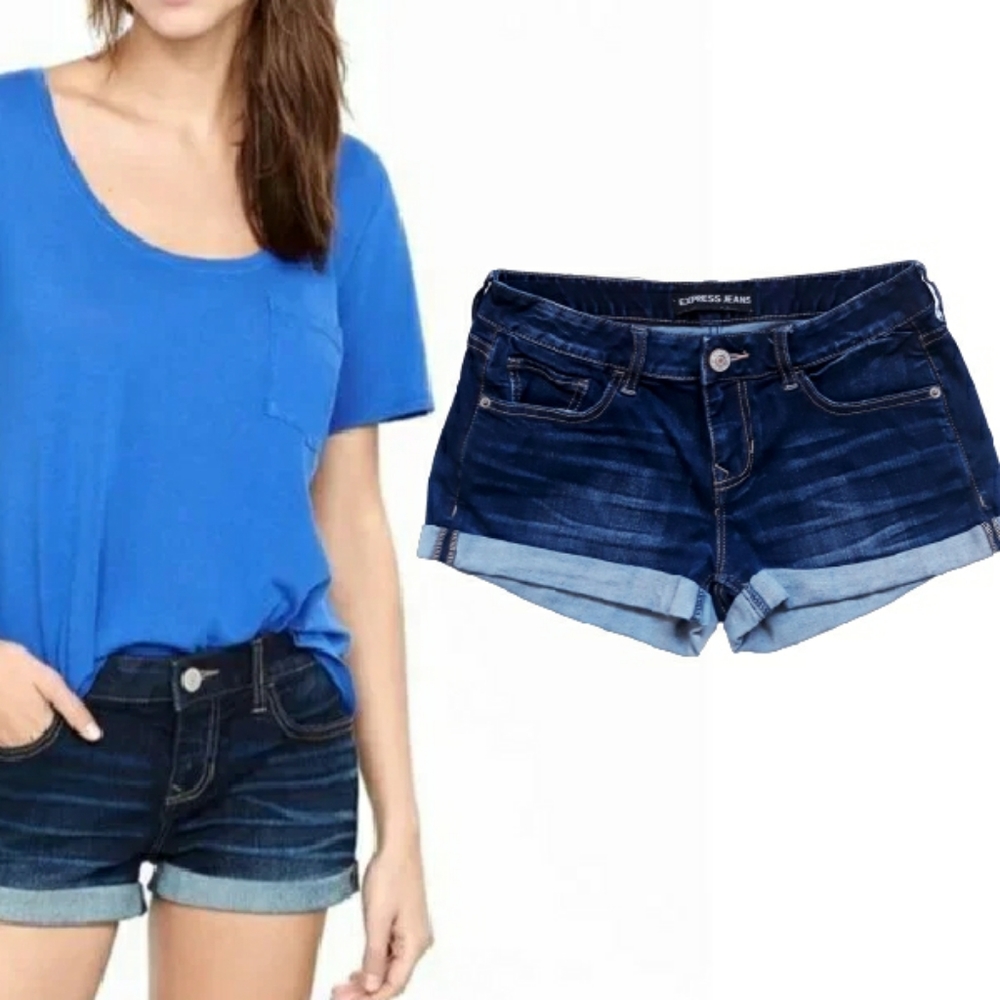Express Shortie Rolled Cuff Denim Jean - Shorts Size 4 Dark Wash Shorts - Picture 9 of 10